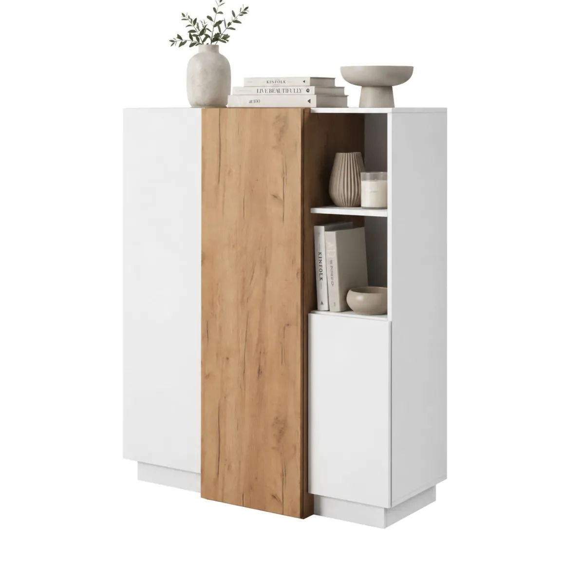 Credenza Bianco Marrone Rovere Nodi 8 Ripiani Apertura Battente 100x45x134h cm, 3 Ante - Gasima