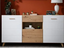 Credenze > Dmora Credenza Bianco Marrone Rovere Nodi un Cassetto 5 Ripiani 106x35x101h cm, Apertura Battente, Scorrevole - Banos Marrone, Bianco Rovere nodi