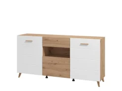 Credenze > Dmora Credenza Bianco Marrone Rovere Nodi un Cassetto 5 Ripiani 106x35x101h cm, Apertura Battente, Scorrevole - Banos Marrone, Bianco Rovere nodi