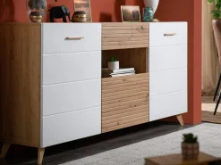 Credenza Bianco Marrone Rovere Nodi un Cassetto 3 Ripiani 173x41.5x87.5h cm, Apertura Battente, a Ribalta, Scorrevole - Morlupo
