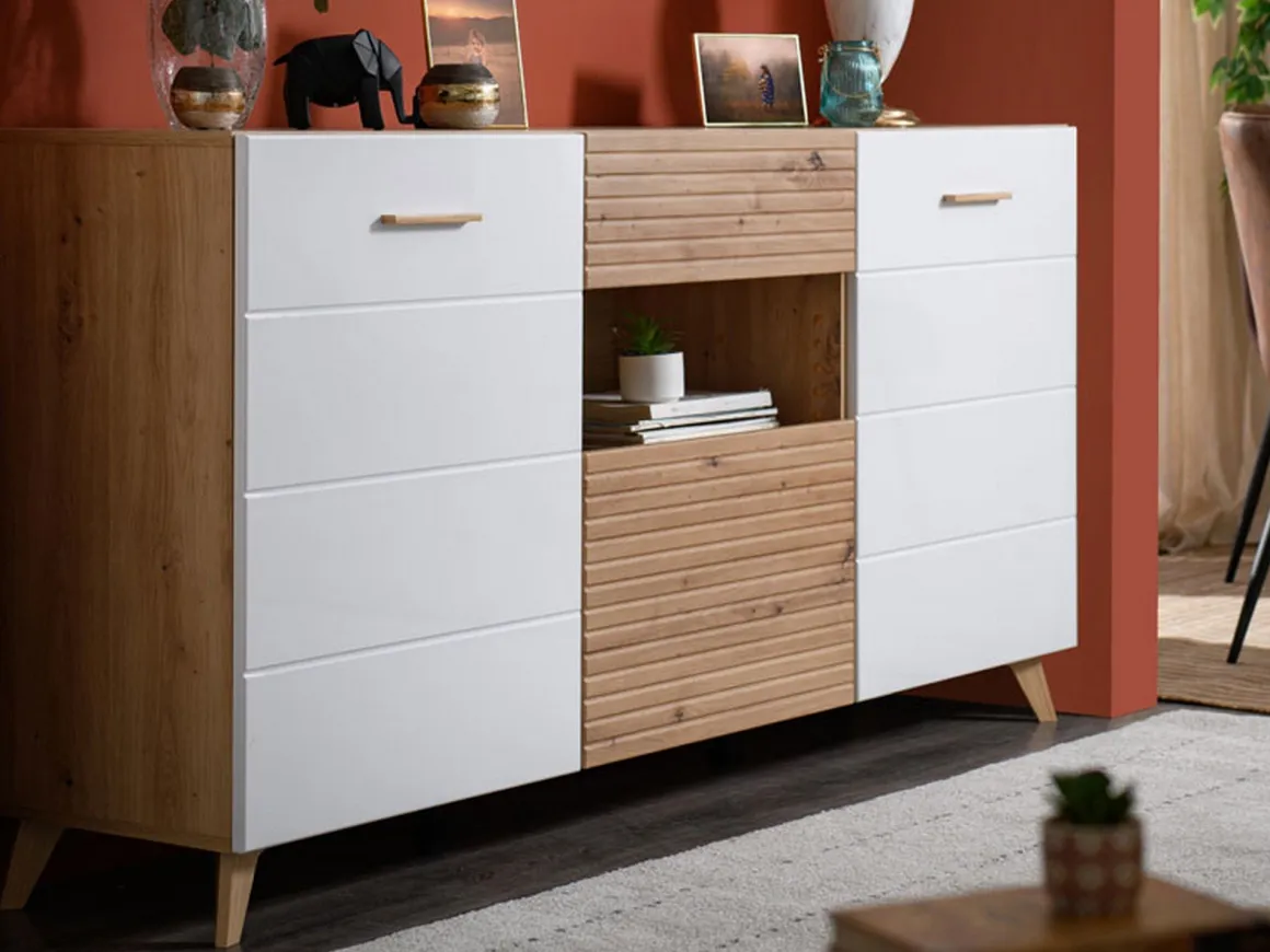 Credenza Bianco Marrone Rovere Nodi un Cassetto 3 Ripiani 173x41.5x87.5h cm, Apertura Battente, a Ribalta, Scorrevole - Morlupo
