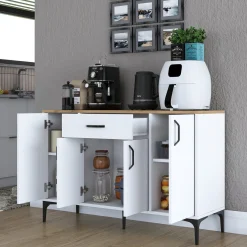 Madie|Credenze > Dmora Credenza Bianco Marrone Rovere un Cassetto 2 Ripiani 79x35x97.5h cm, Apertura Battente e Scorrevole - Verduno Marrone, Bianco Rovere