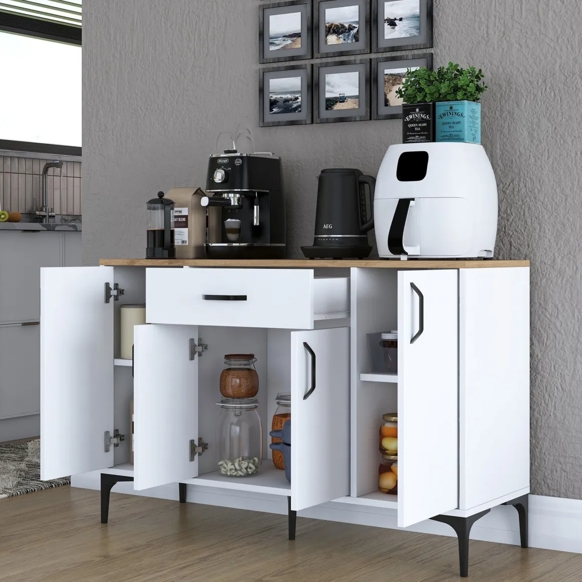 Credenza Bianco Marrone Rovere un Cassetto 2 Ripiani 120x40x79h cm, Apertura Battente, Scorrevole - Piobbico