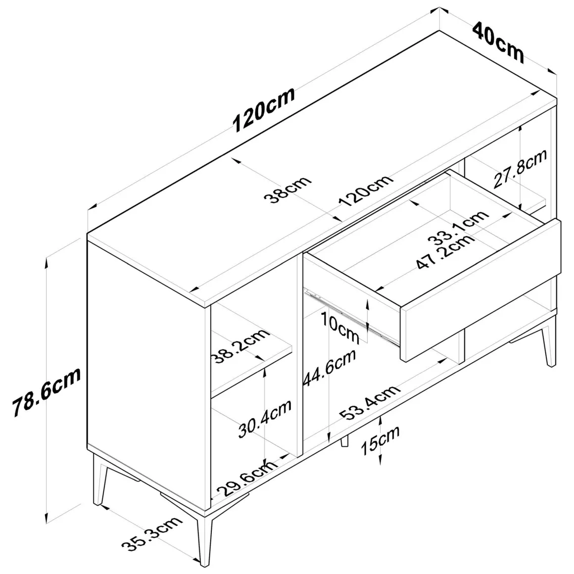 Credenza Bianco Marrone Rovere un Cassetto 2 Ripiani 120x40x79h cm, Apertura Battente, Scorrevole - Piobbico
