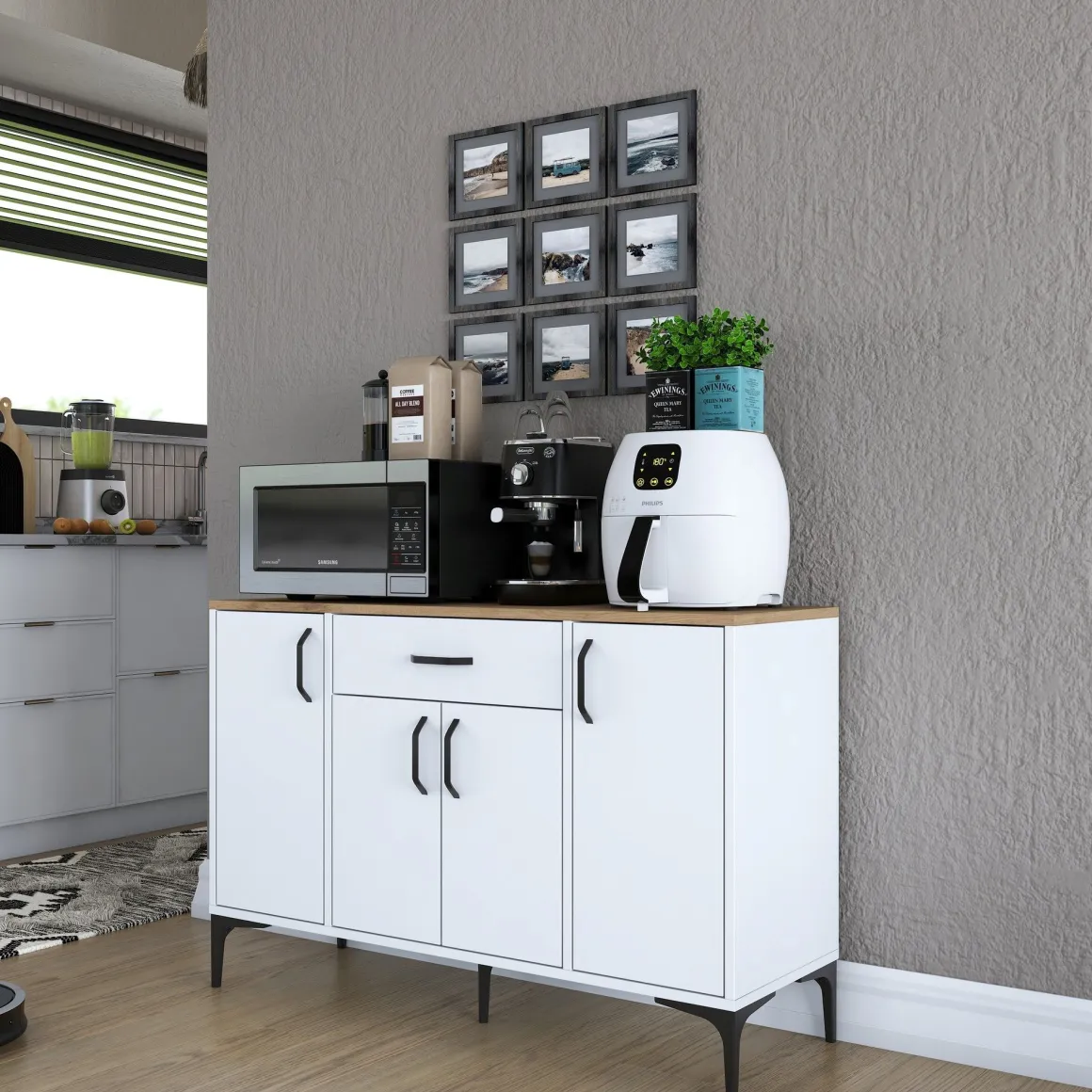 Credenza Bianco Marrone Rovere un Cassetto 2 Ripiani 120x40x79h cm, Apertura Battente, Scorrevole - Piobbico