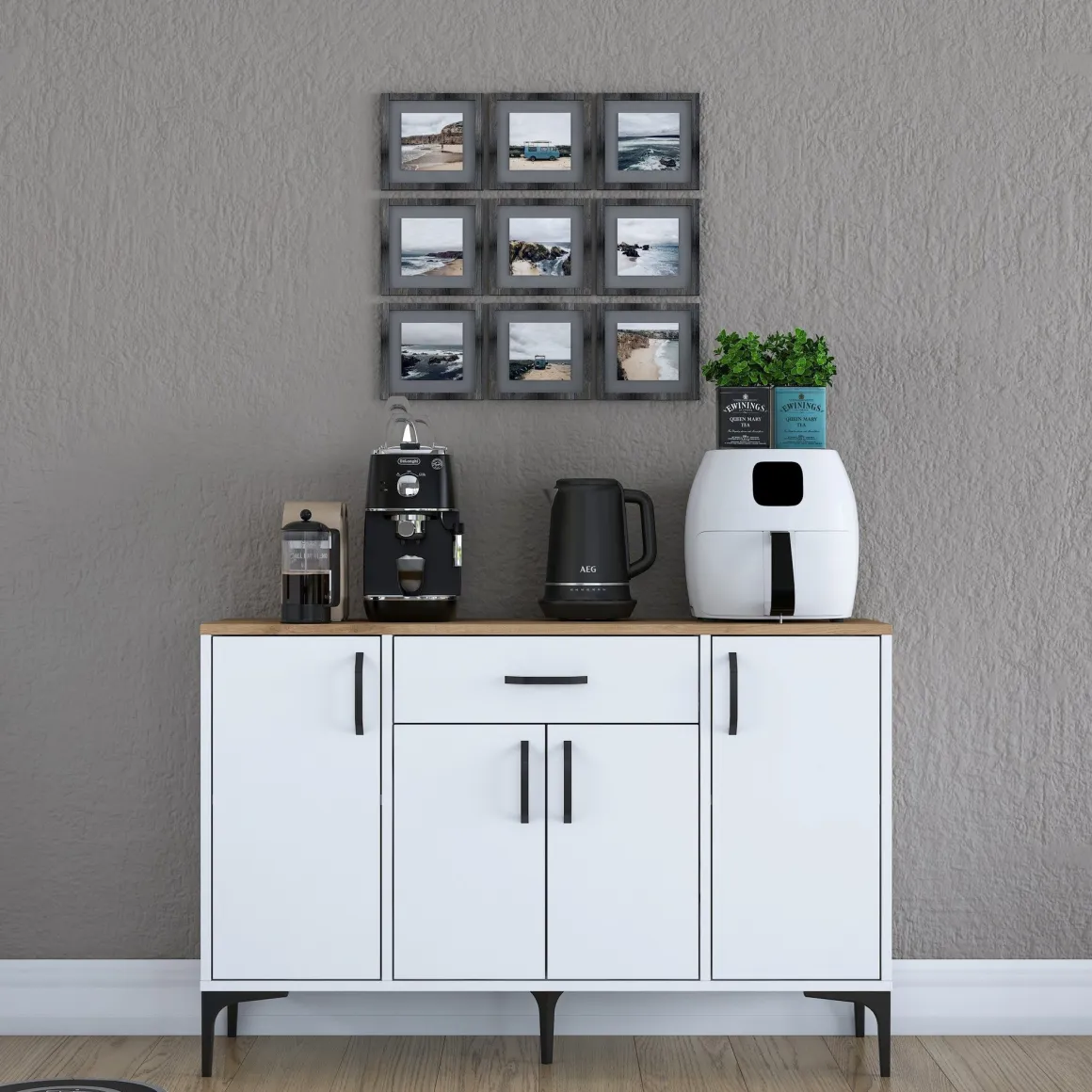 Credenza Bianco Marrone Rovere un Cassetto 2 Ripiani 120x40x79h cm, Apertura Battente, Scorrevole - Piobbico
