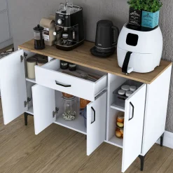 Credenza Bianco Marrone Rovere un Cassetto 2 Ripiani 120x40x79h cm, Apertura Battente, Scorrevole - Piobbico