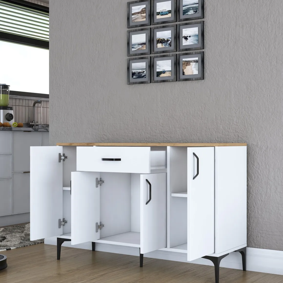 Credenza Bianco Marrone Rovere un Cassetto 2 Ripiani 120x40x79h cm, Apertura Battente, Scorrevole - Piobbico