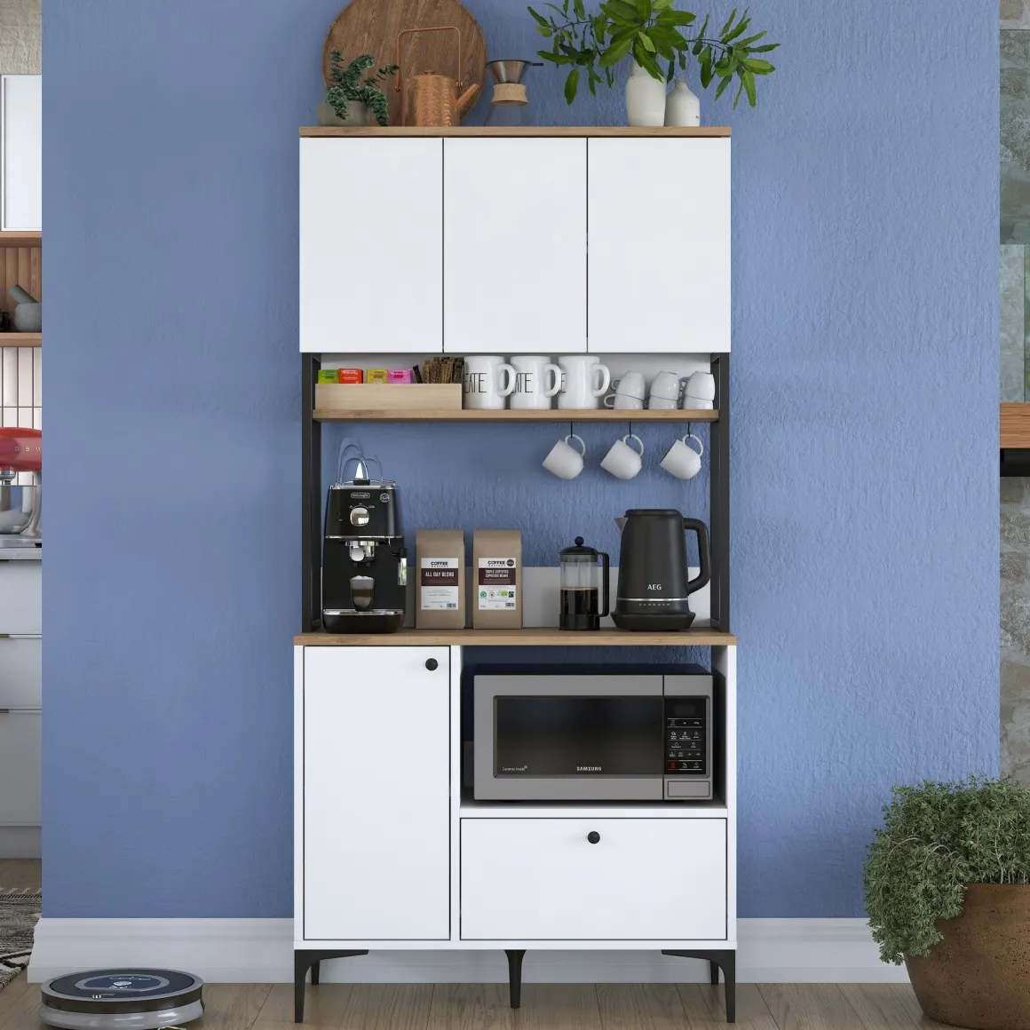 Credenza Bianco Marrone Rovere un Cassetto 2 Ripiani 90x38x184h cm, Apertura Battente, Scorrevole - Rapone