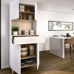 Madie|Credenze > Dmora Credenza Bianco Marrone Rovere un Cassetto 5 Ripiani 179.5x40x94h cm, Apertura Battente e Scorrevole - Levate Marrone, Bianco Rovere
