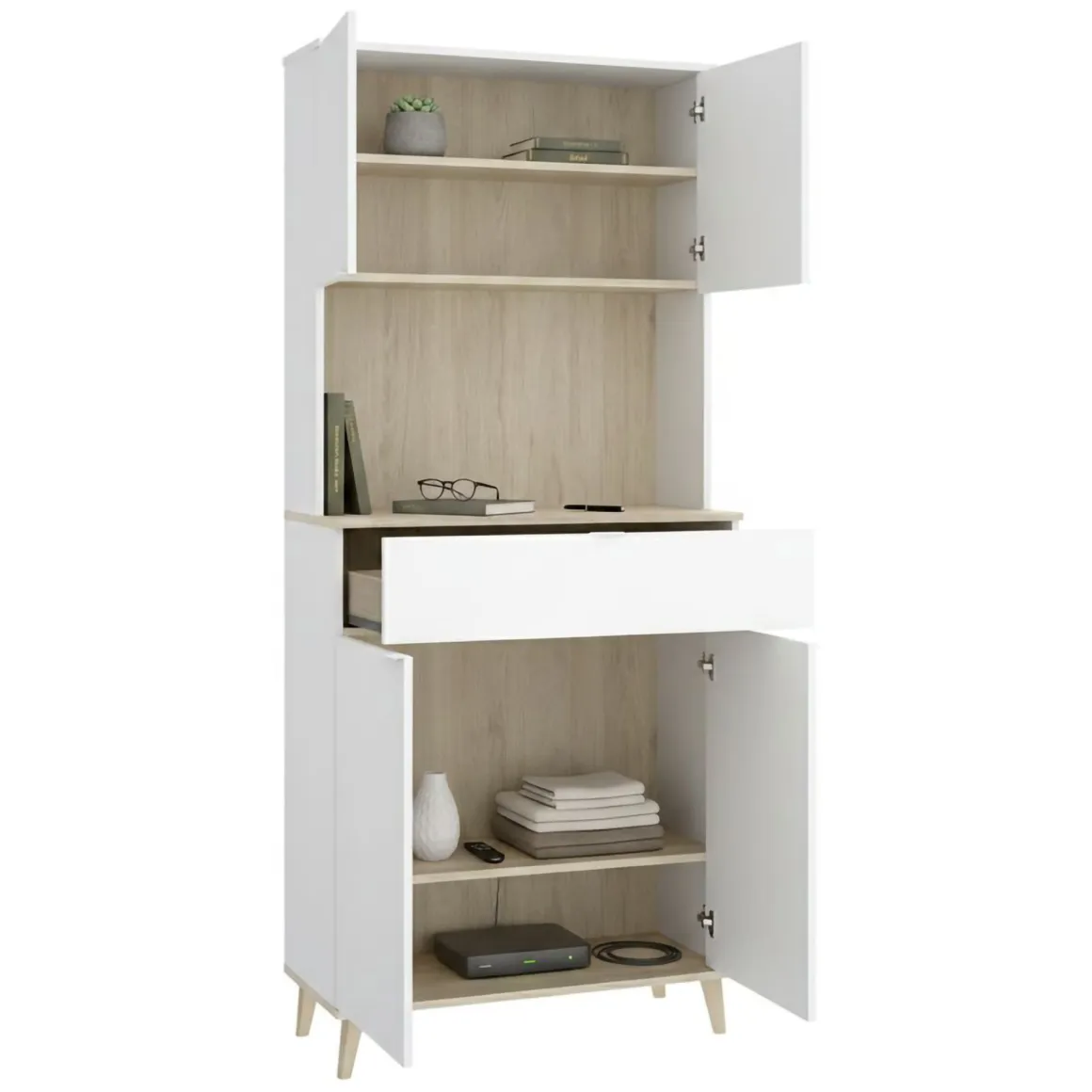 Credenza Bianco Marrone Rovere un Cassetto 4 Ripiani 40x60x191h cm, Apertura Battente, Scorrevole - Findlay