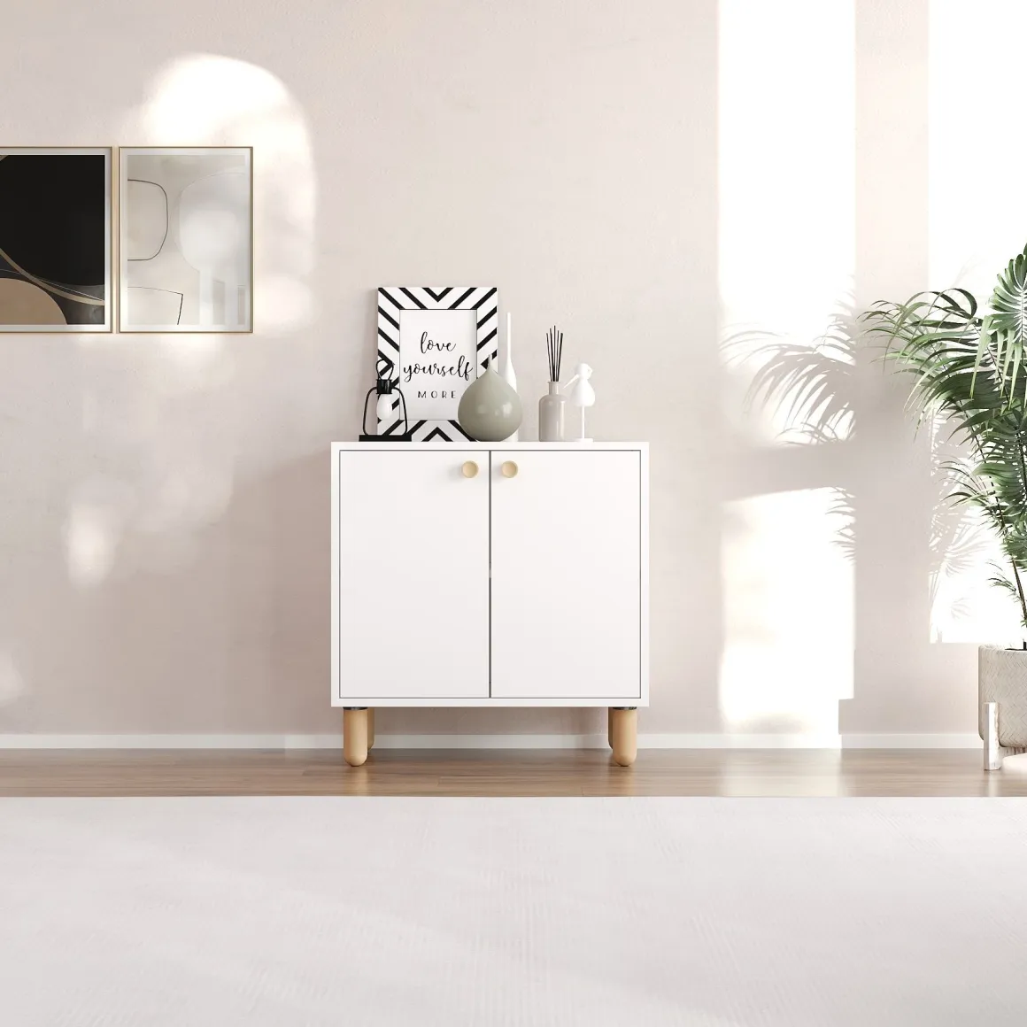 Credenza Bianco Marrone Rovere un Ripiano 2 Ante 72x36x73h cm, 2 Vani - Pontida