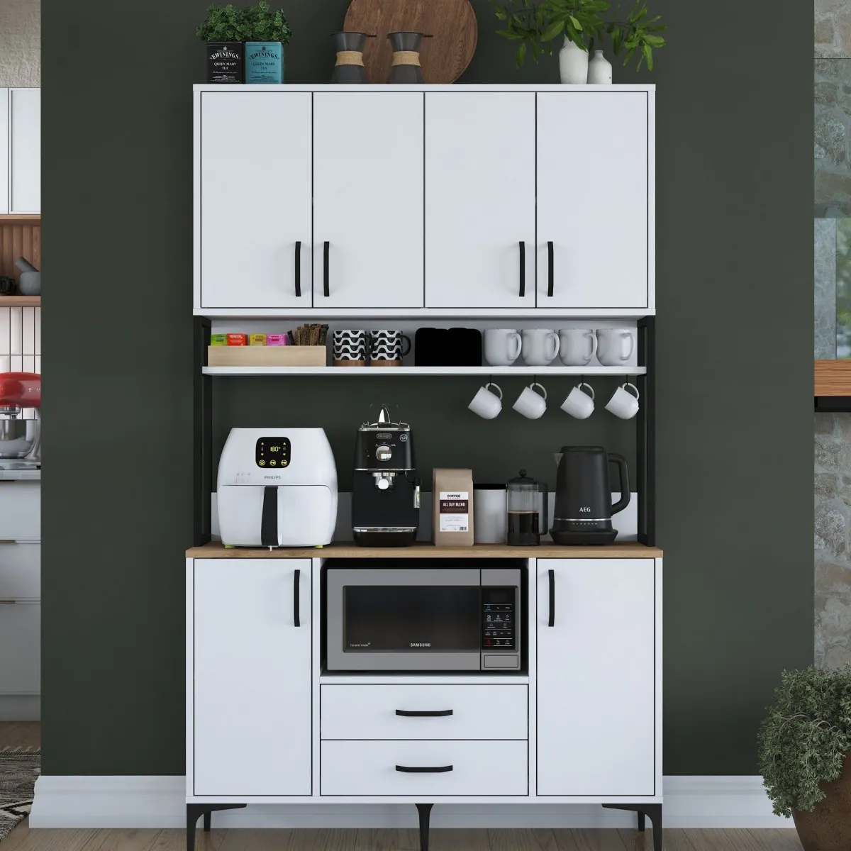 Credenze > Dmora Credenza Bianco Nero 2 Cassetti 5 Ripiani 120x38x199h cm, Apertura Battente, Scorrevole - Mairago Nero, Bianco