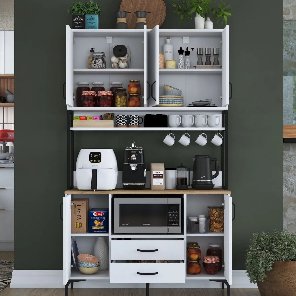 Credenze > Dmora Credenza Bianco Nero 2 Cassetti 5 Ripiani 120x38x199h cm, Apertura Battente, Scorrevole - Mairago Nero, Bianco