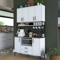 Credenze > Dmora Credenza Bianco Nero 2 Cassetti 5 Ripiani 120x38x199h cm, Apertura Battente, Scorrevole - Mairago Nero, Bianco