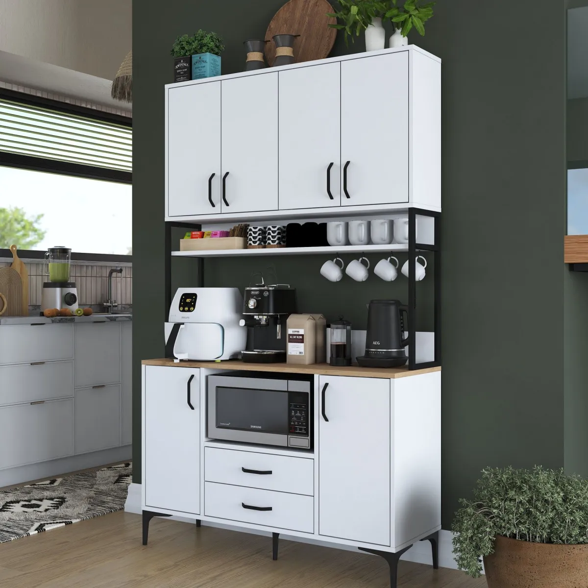 Credenze > Dmora Credenza Bianco Nero 2 Cassetti 5 Ripiani 120x38x199h cm, Apertura Battente, Scorrevole - Mairago Nero, Bianco