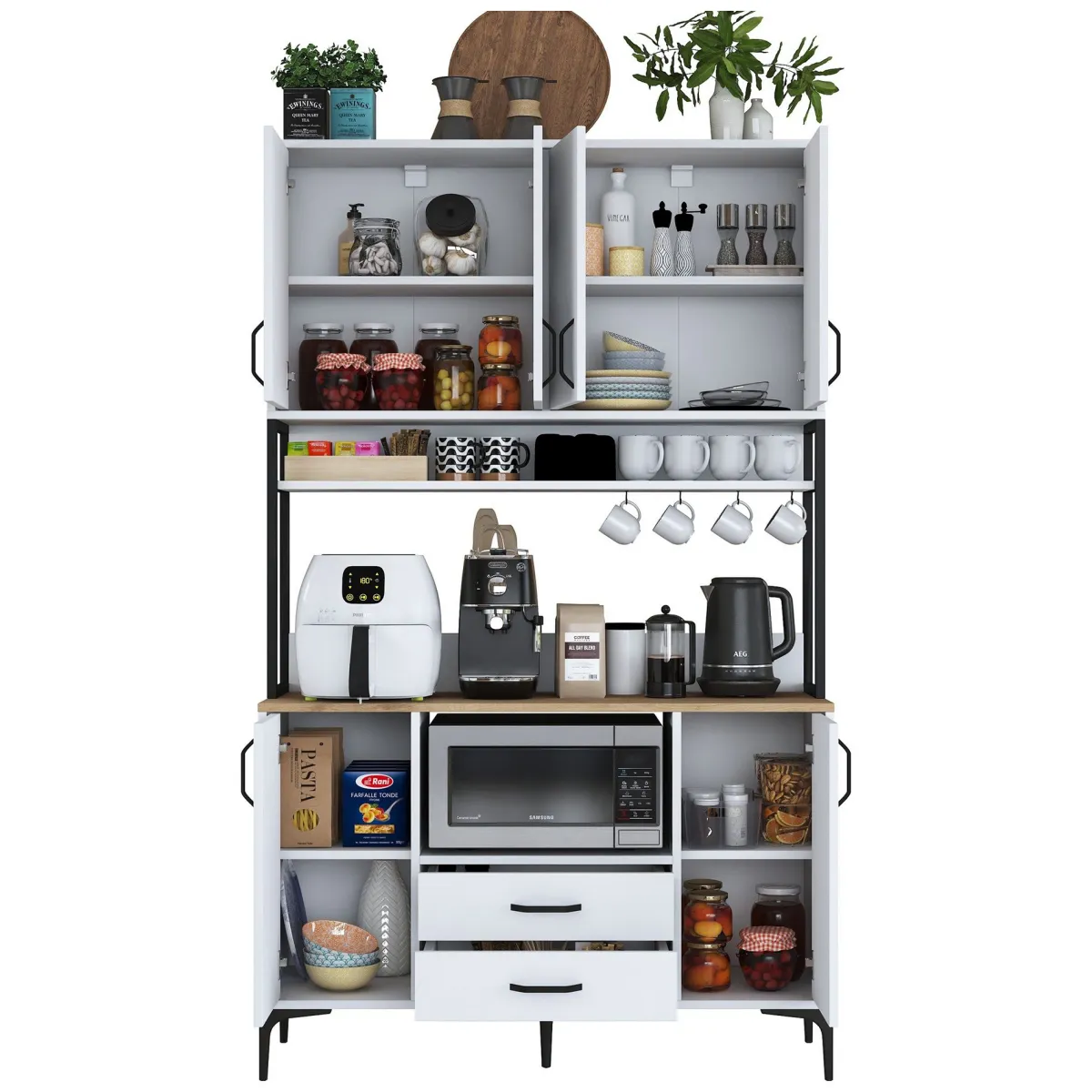 Credenze > Dmora Credenza Bianco Nero 2 Cassetti 5 Ripiani 120x38x199h cm, Apertura Battente, Scorrevole - Mairago Nero, Bianco