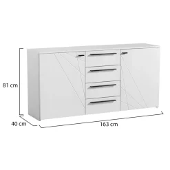 Credenza Bianco Nero 2 Ripiani 4 Cassetti 163x40x80.5h cm, 2 Ante - Maropati