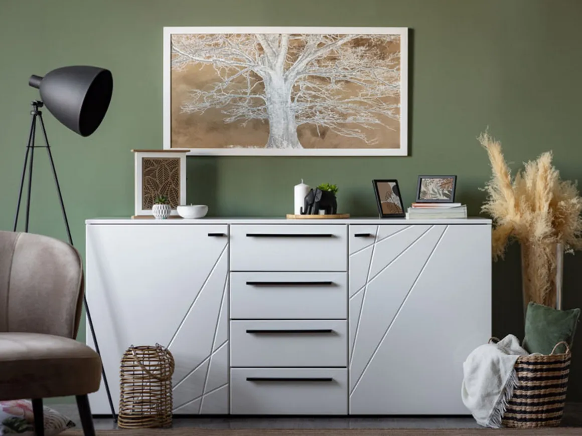 Credenza Bianco Nero 2 Ripiani 4 Cassetti 163x40x80.5h cm, 2 Ante - Maropati