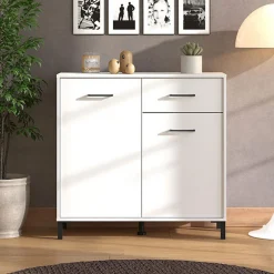 Credenze > Dmora Credenza Bianco Nero 3 Ripiani 2 Cassetti 154x35x78h cm, 4 Ante - Barich Nero, Bianco
