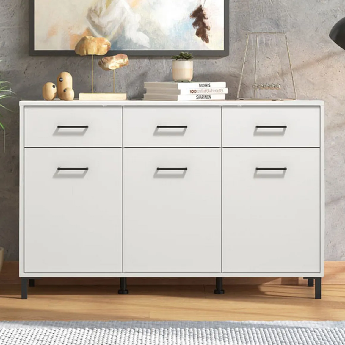 Credenza Bianco Nero 3 Ripiani 3 Cassetti 138x40x90h cm, 3 Ante - Laerru