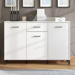 Madie|Credenze > Dmora Credenza Bianco Nero 4 Ripiani 2 Cassetti 182.5x40x90h cm, 4 Ante - Grondona Nero, Bianco