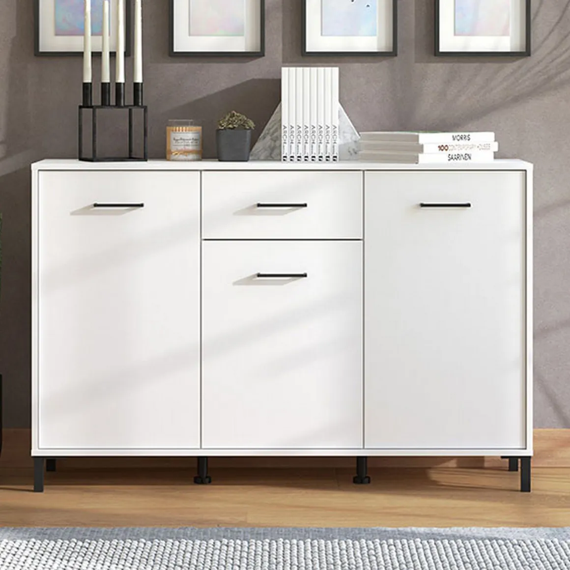 Madie|Credenze > Dmora Credenza Bianco Nero 4 Ripiani 2 Cassetti 182.5x40x90h cm, 4 Ante - Grondona Nero, Bianco