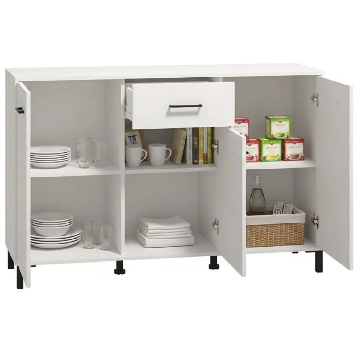Madie|Credenze > Dmora Credenza Bianco Nero 4 Ripiani 2 Cassetti 182.5x40x90h cm, 4 Ante - Grondona Nero, Bianco