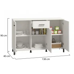 Madie|Credenze > Dmora Credenza Bianco Nero 4 Ripiani 2 Cassetti 182.5x40x90h cm, 4 Ante - Grondona Nero, Bianco