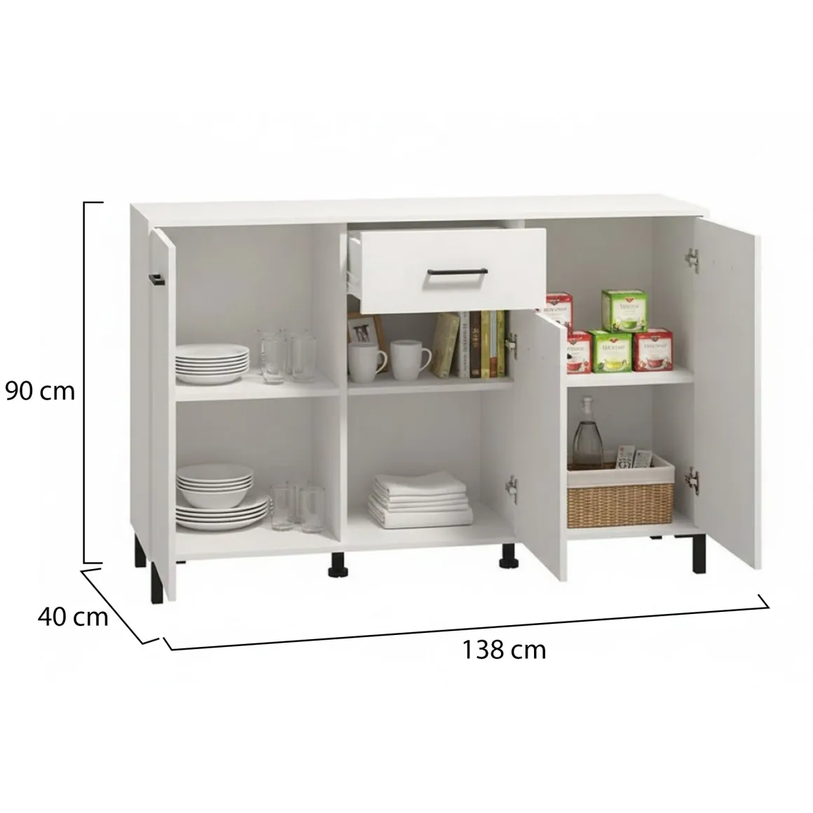 Madie|Credenze > Dmora Credenza Bianco Nero 4 Ripiani 2 Cassetti 182.5x40x90h cm, 4 Ante - Grondona Nero, Bianco