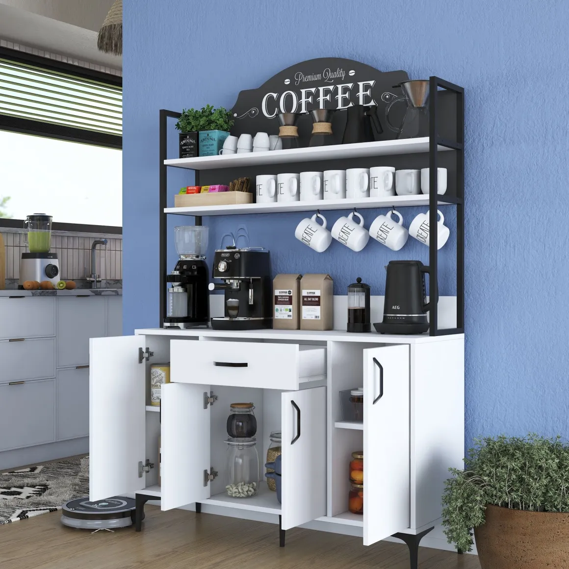 Credenza Bianco Nero 4 Ripiani un Cassetto 120x40x184h cm, 4 Ante - Camino