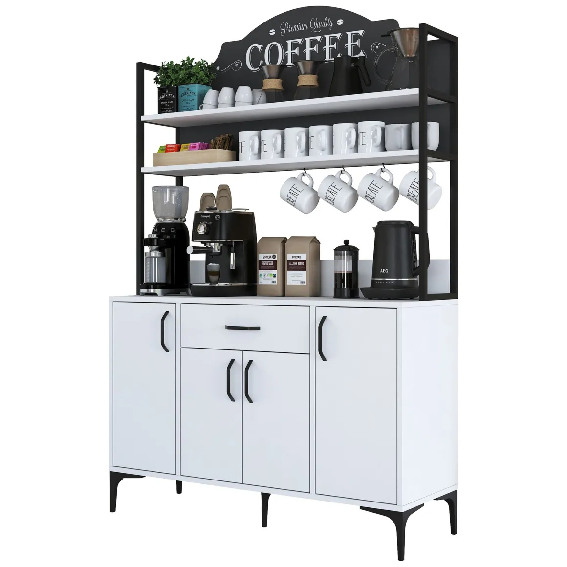 Credenza Bianco Nero 4 Ripiani un Cassetto 120x40x184h cm, 4 Ante - Camino
