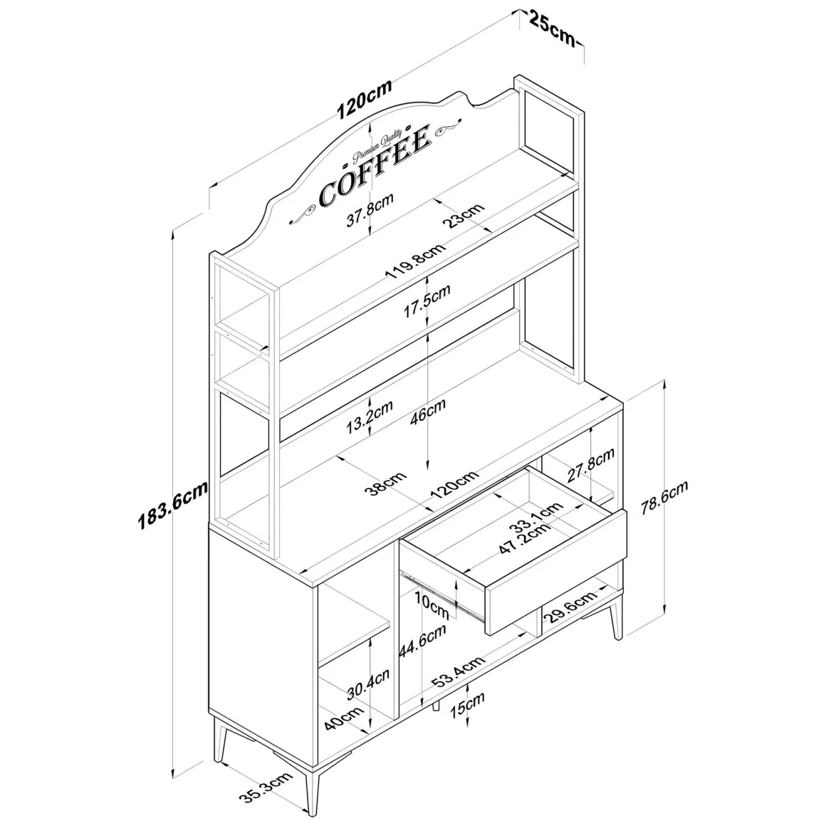 Credenza Bianco Nero 4 Ripiani un Cassetto 120x40x184h cm, 4 Ante - Camino