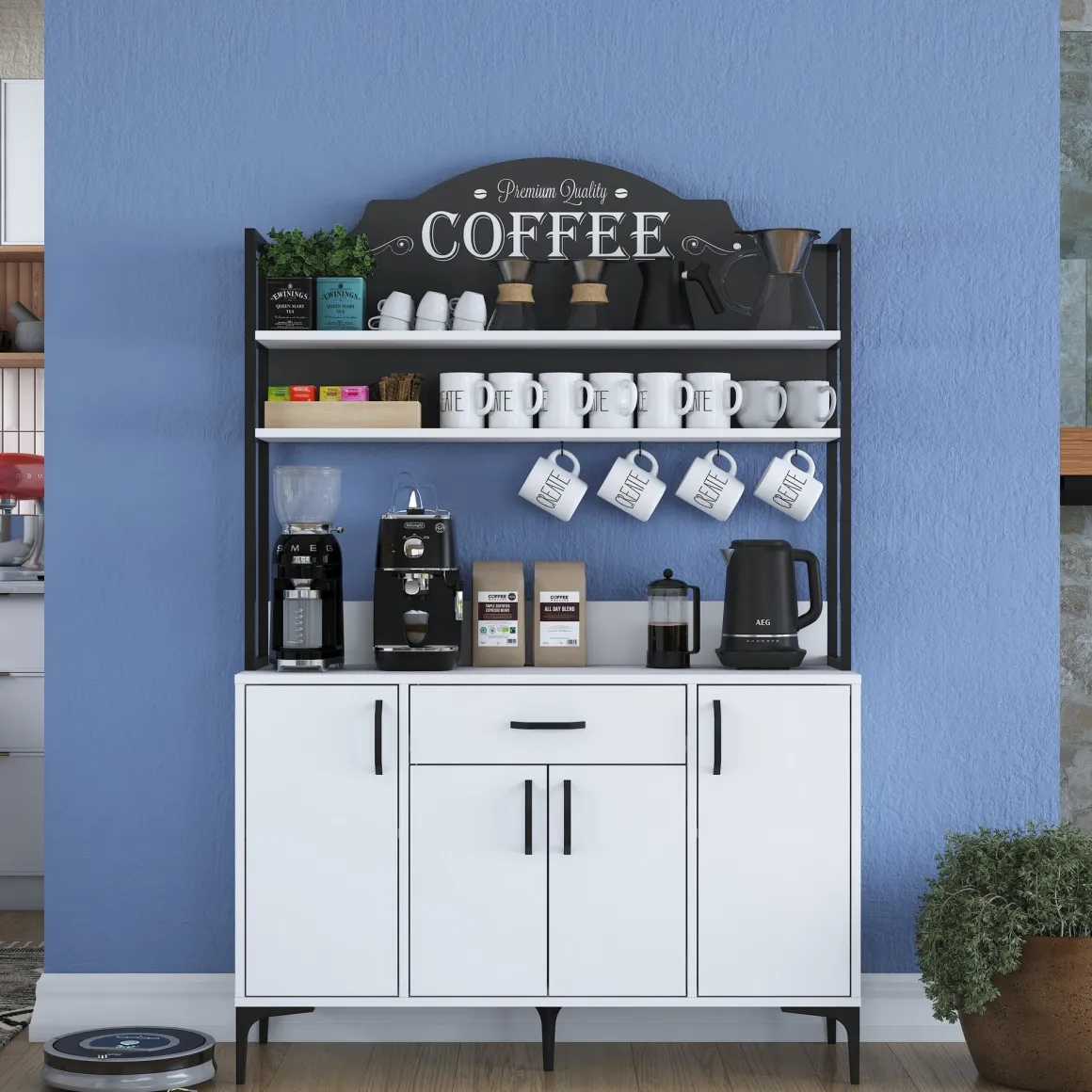 Credenza Bianco Nero 4 Ripiani un Cassetto 120x40x184h cm, 4 Ante - Camino