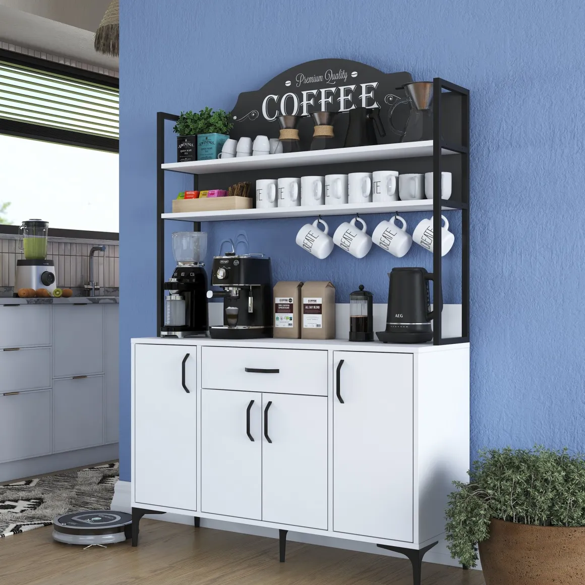 Credenza Bianco Nero 4 Ripiani un Cassetto 120x40x184h cm, 4 Ante - Camino
