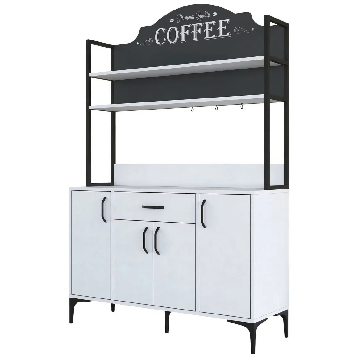Credenza Bianco Nero 4 Ripiani un Cassetto 120x40x184h cm, 4 Ante - Camino