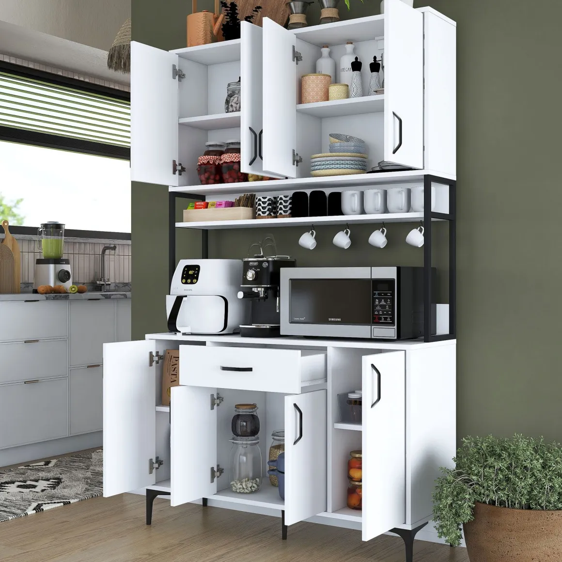 Credenza Bianco Nero 5 Ripiani un Cassetto 120x40x199h cm, 8 Ante - Cavriago