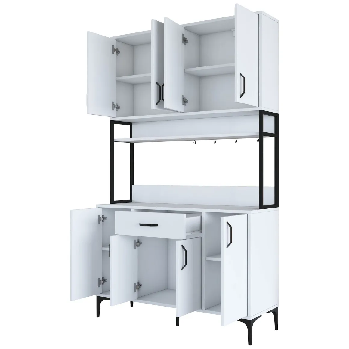 Credenza Bianco Nero 5 Ripiani un Cassetto 120x40x199h cm, 8 Ante - Cavriago