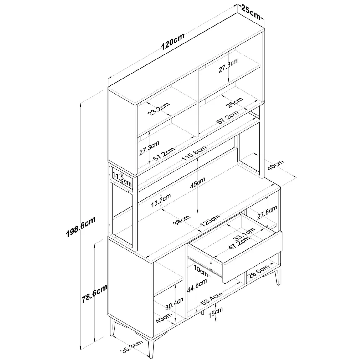 Credenza Bianco Nero 5 Ripiani un Cassetto 120x40x199h cm, 8 Ante - Cavriago