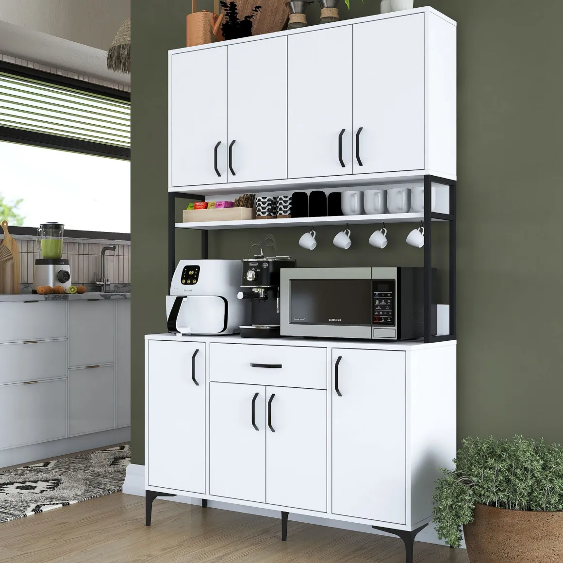 Credenza Bianco Nero 5 Ripiani un Cassetto 120x40x199h cm, 8 Ante - Cavriago