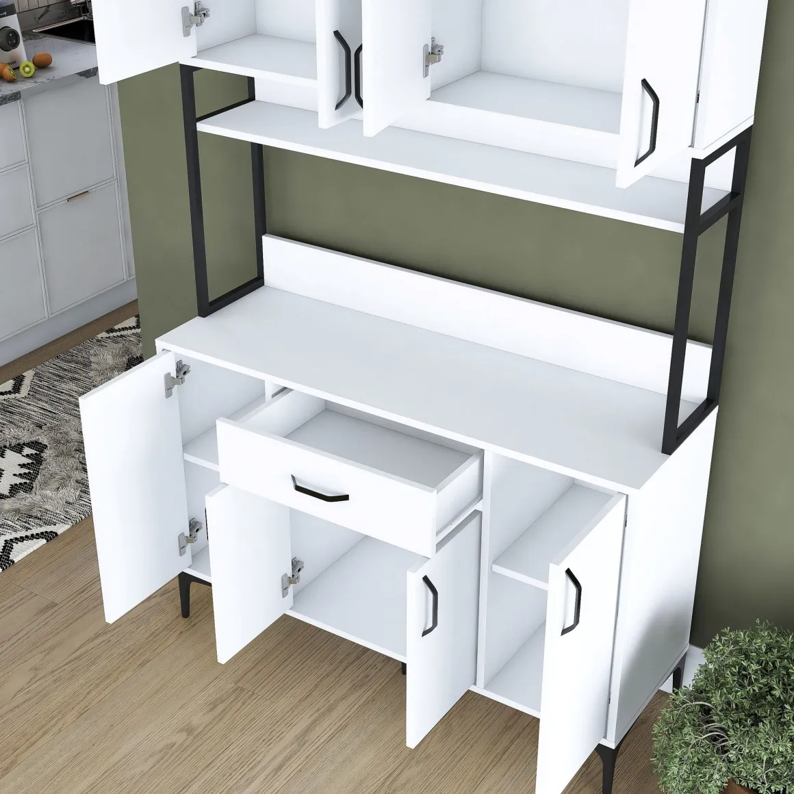 Credenza Bianco Nero 5 Ripiani un Cassetto 120x40x199h cm, 8 Ante - Cavriago