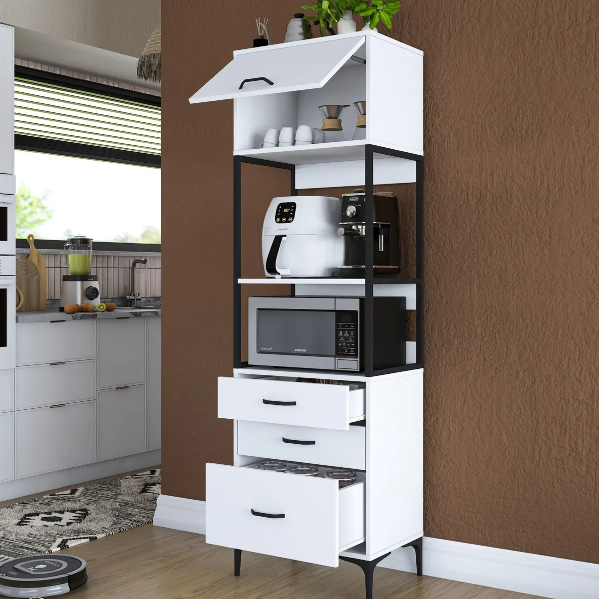 Credenze > Dmora Credenza Bianco Nero un Ripiano 3 Cassetti 60x40x199h cm, Un'anta - Capua Nero, Bianco