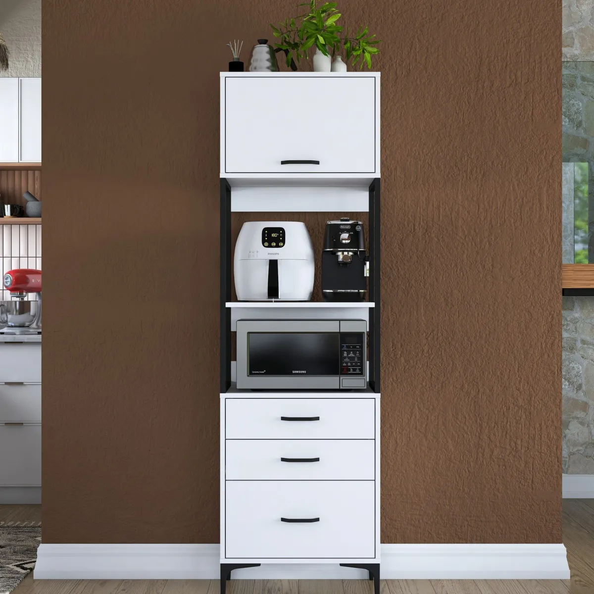 Credenze > Dmora Credenza Bianco Nero un Ripiano 3 Cassetti 60x40x199h cm, Un'anta - Capua Nero, Bianco