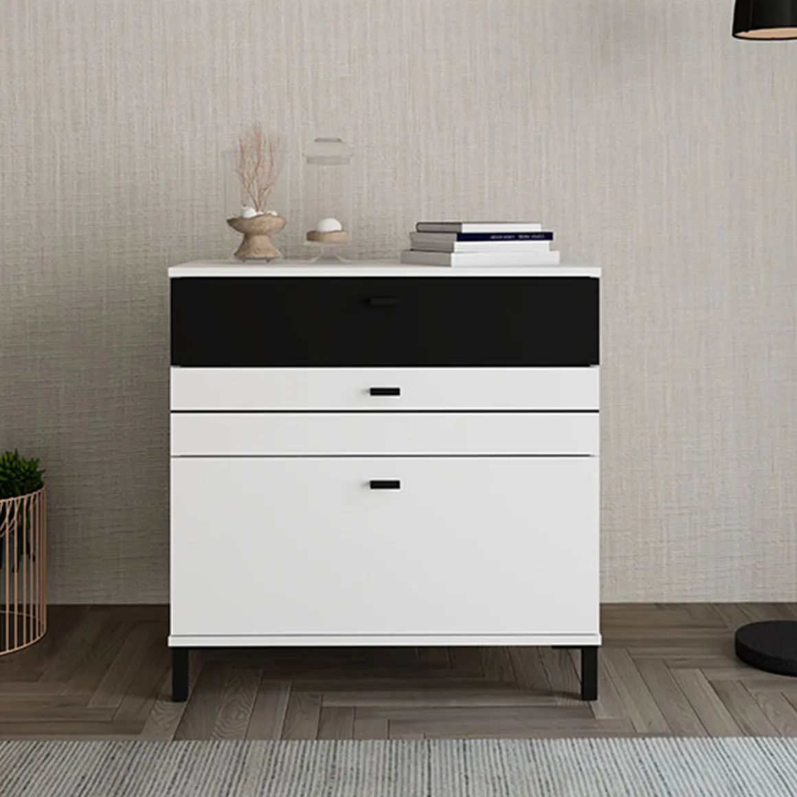 Credenza Bianco Nero un Ripiano 3 Cassetti 77x35x78h cm, 3 Vani - Diani