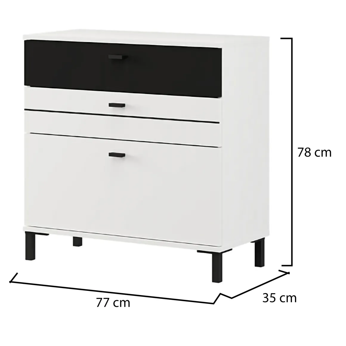 Credenza Bianco Nero un Ripiano 3 Cassetti 77x35x78h cm, 3 Vani - Diani