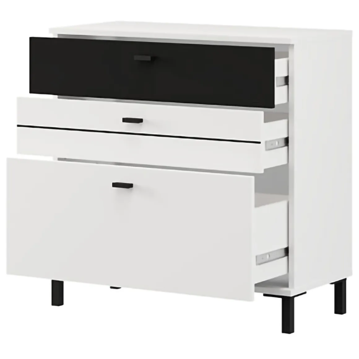 Credenza Bianco Nero un Ripiano 3 Cassetti 77x35x78h cm, 3 Vani - Diani