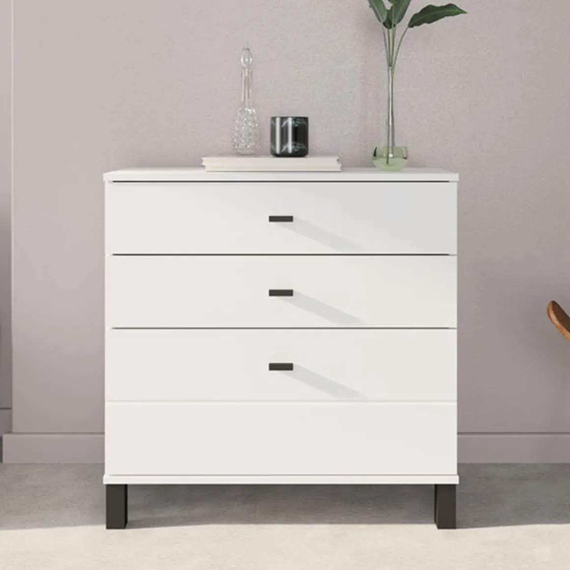 Credenza Bianco Opaco 3 Cassetti un Ripiano 77x35x78h cm, Apertura Scorrevole - Mindo