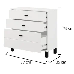 Credenza Bianco Opaco 3 Cassetti un Ripiano 77x35x78h cm, Apertura Scorrevole - Mindo