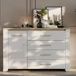 Credenze > Dmora Credenza Bianco Opaco Marrone Rovere 2 Ripiani 4 Cassetti 135x40x88h cm, Un'anta - Bicheno Marrone Rovere, Bianco Opaco