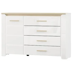 Credenze > Dmora Credenza Bianco Opaco Marrone Rovere 2 Ripiani 4 Cassetti 135x40x88h cm, Un'anta - Bicheno Marrone Rovere, Bianco Opaco